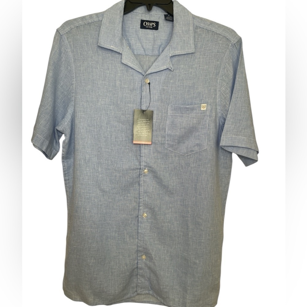 Chaps light blue and white houndstooth button down linen blend shirt sz M